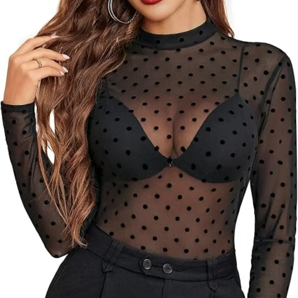 Mesh Top for Women Long Sleeve See Through Shirt - Picture 1 of 5